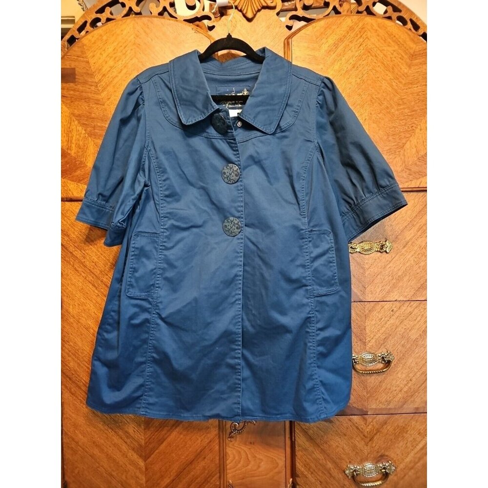 Lagenlook Live A Little Teal Blue Short Sleeve Big Button Shirt Jacket Size XL